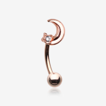 Rose Gold Midnight Crescent Moon Sparkle Curved Barbell-Clear Gem